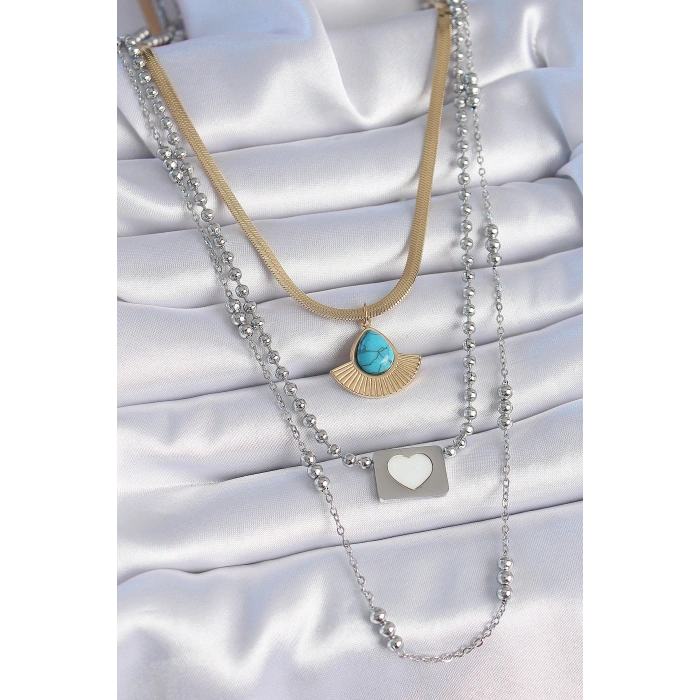 Erb 316L Çelik Mix Renk 3'lü Zincir Damla Madalyon Figür Uzun Kadın Kolye