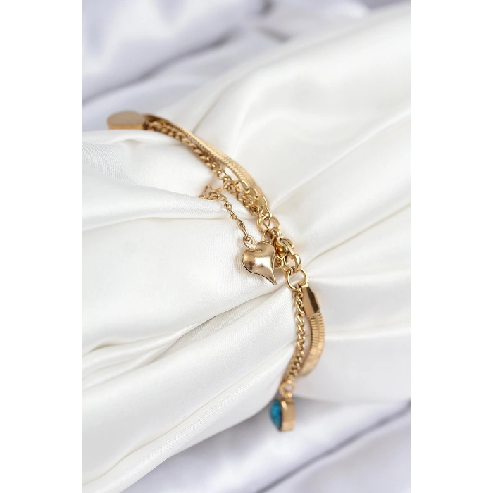 Erb 316L Çelik Nazar Boncuk Detaylı Mavi Zirkon Taşlı Model İtalyan Zincir Gold Renk Kadın Bileklik