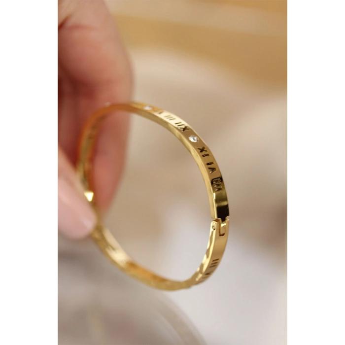 Erb 316L Çelik Roma Rakamlı Gold Renk Bilezik Kelepçe