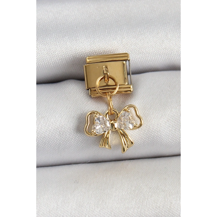 Erb 316L Çelik Sallantılı Zirkon Taşlı Fiyonk Model Gold Renk Nomination Charm