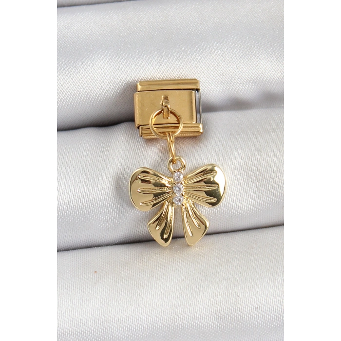 Erb 316L Çelik Sallantılı Zirkon Taşlı Fiyonk Model Gold Renk Nomination Charm