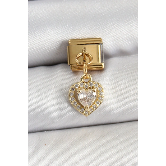 Erb 316L Çelik Sallantılı Zirkon Taşlı Kalp Model Gold Renk Nomination Charm