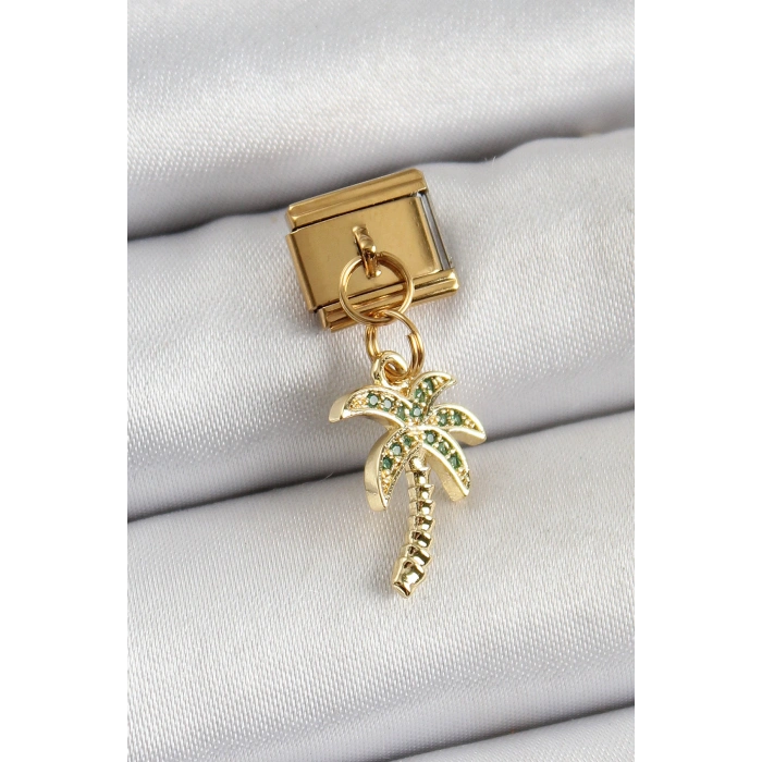 Erb 316L Çelik Sallantılı Zirkon Taşlı Palmiye Ağacı Model Gold Renk Nomination Charm