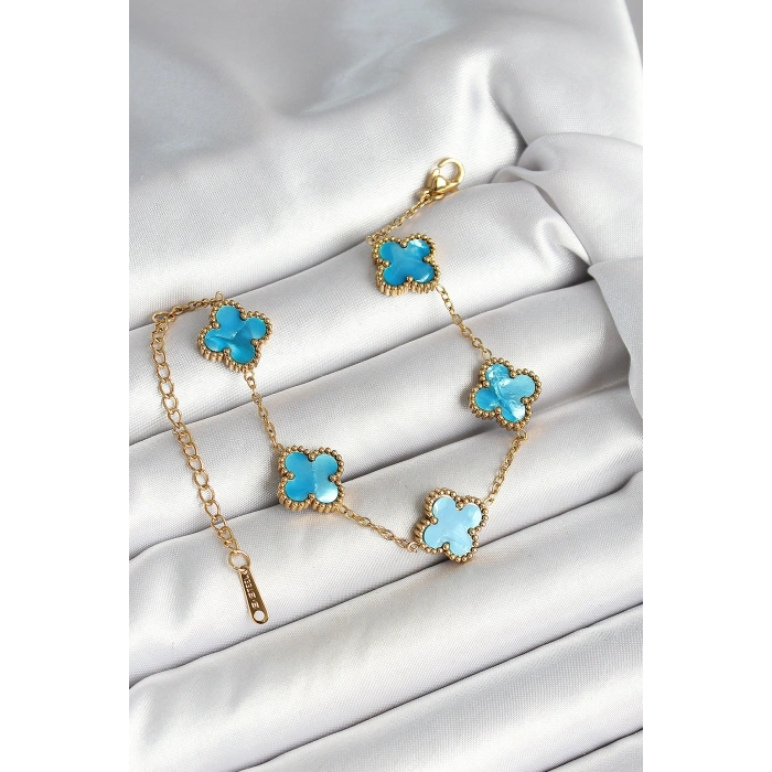 Erb 316L Çelik Sedefli Gökyüzü Mavisi Gold Renk Yonca Kadın Bileklik