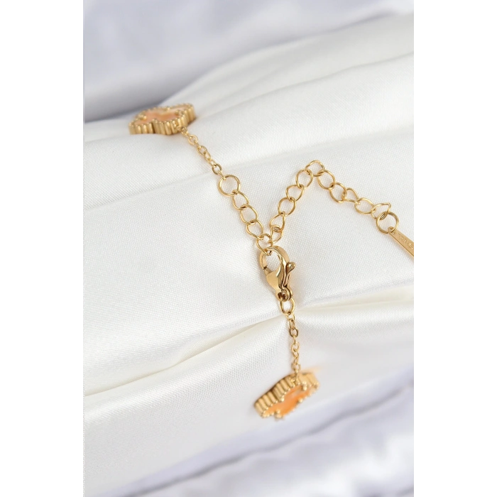 Erb 316L Çelik Sedefli Turuncu Gold Renk Yonca Kadın Bileklik