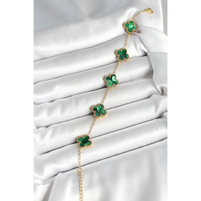 Erb 316L Çelik Sedefli Zümrüt Yeşil Gold Renk Yonca Kadın Bileklik