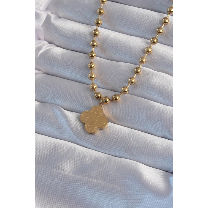 Erb 316L Çelik Top Zincirli Gold Renk İşlemeli Yonca Model Kolye