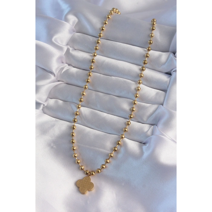 Erb 316L Çelik Top Zincirli Gold Renk İşlemeli Yonca Model Kolye