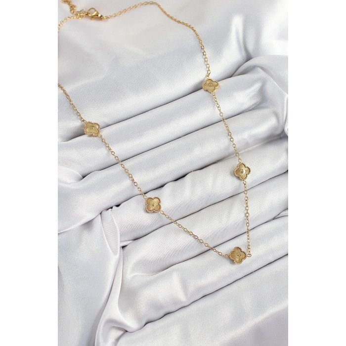 Erb 316L Çelik Yonca Model Gold Renk Kadın Kolye