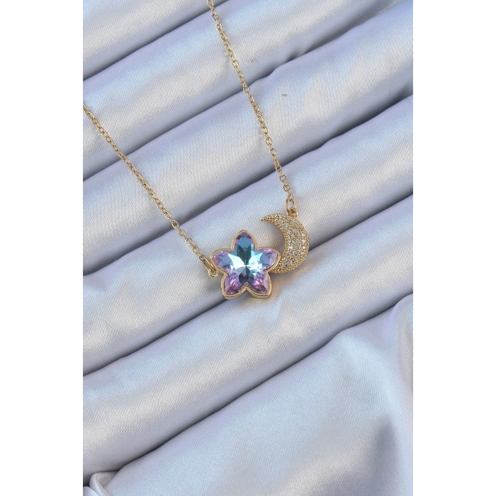 Erb 316L Çelik Zincir Altın Renk Ay Tasarımlı Renkli Zirkon Taşlı Çiçek Kolye