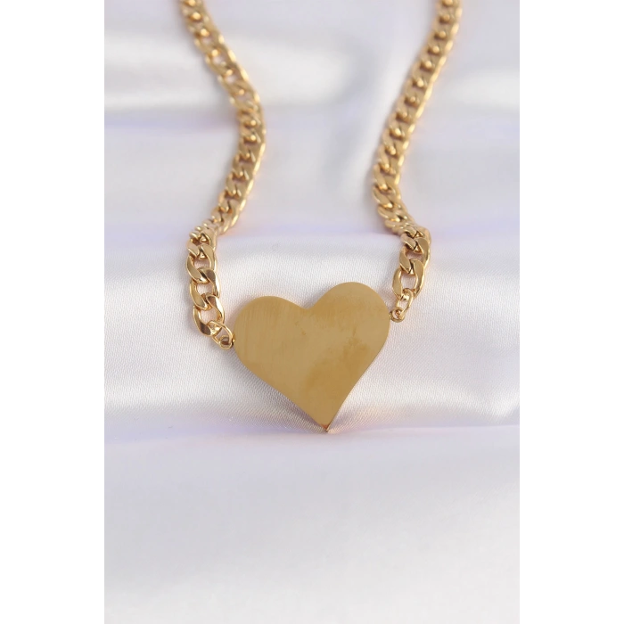 Erb 316L Çelik Zincir Altın Renk Düz Plaka Kalp Kolye