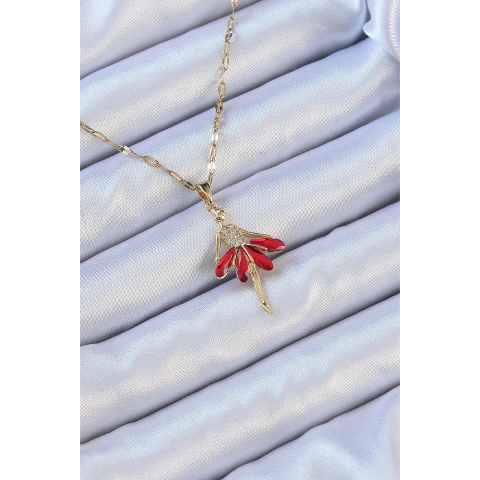 Erb 316L Çelik Zincir Altın Renk Kırmızı Etekli Zirkon Taşlı Balerin Kolye