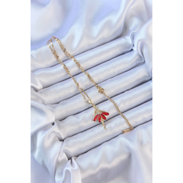 Erb 316L Çelik Zincir Altın Renk Kırmızı Etekli Zirkon Taşlı Balerin Kolye