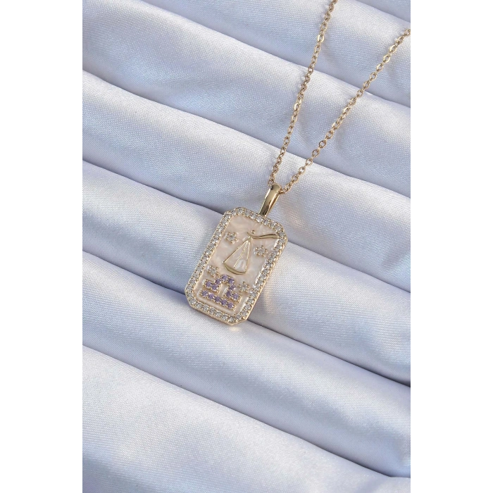 Erb 316L Çelik Zincir Altın Renk Lila Zirkon Taşlı Tarot Kolye