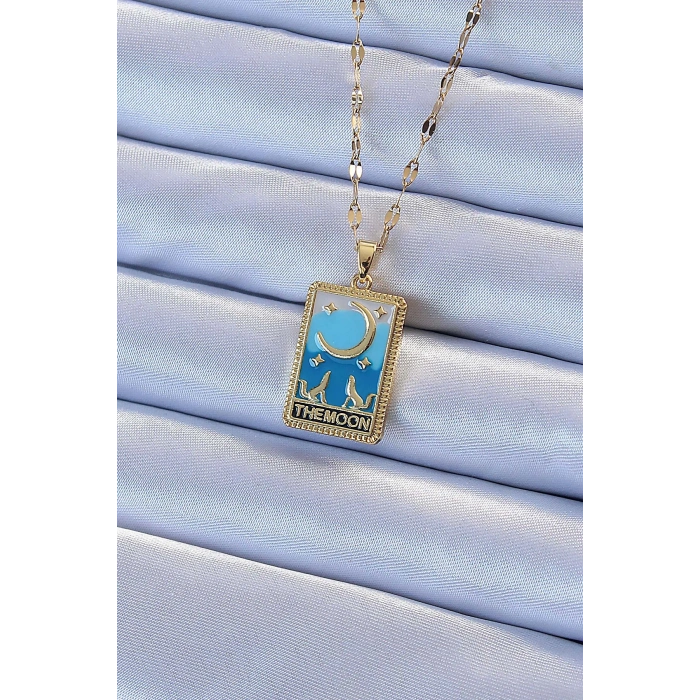 Erb 316L Çelik Zincir Altın Renk Mavi Mineli Ay Figür Tarot Kolye