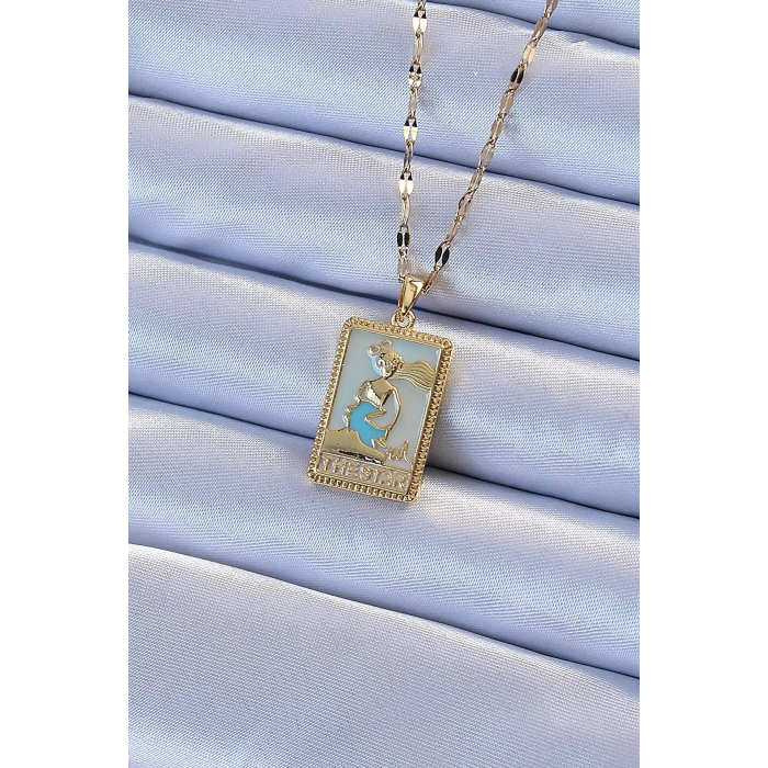 Erb 316L Çelik Zincir Altın Renk Mavi Mineli Tarot Kolye