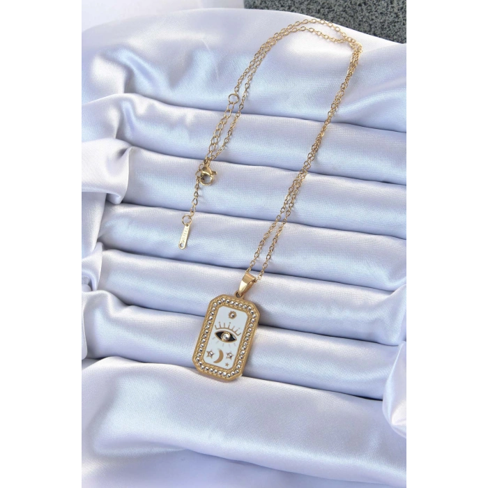 Erb 316L Çelik Zincir Altın Renk Mineli Zirkon Taşlı Göz Figür Tarot Kolye