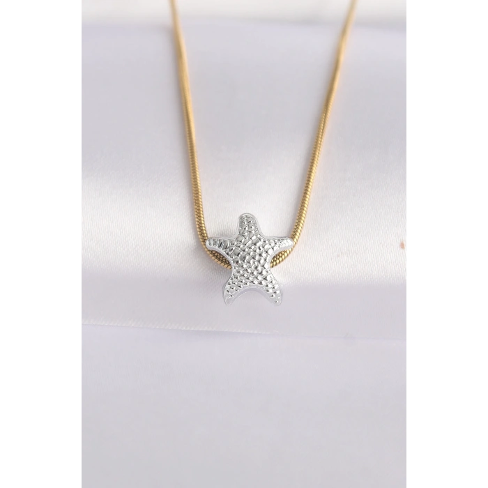 Erb 316L Çelik Zincir Altın Renk Zincirli Gümüş Renk Deniz Yıldızı Tasarımlı Kolye