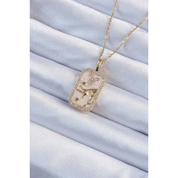 Erb 316L Çelik Zincir Altın Renk Zirkon Taşlı Boğa Figürlü Tarot Kolye