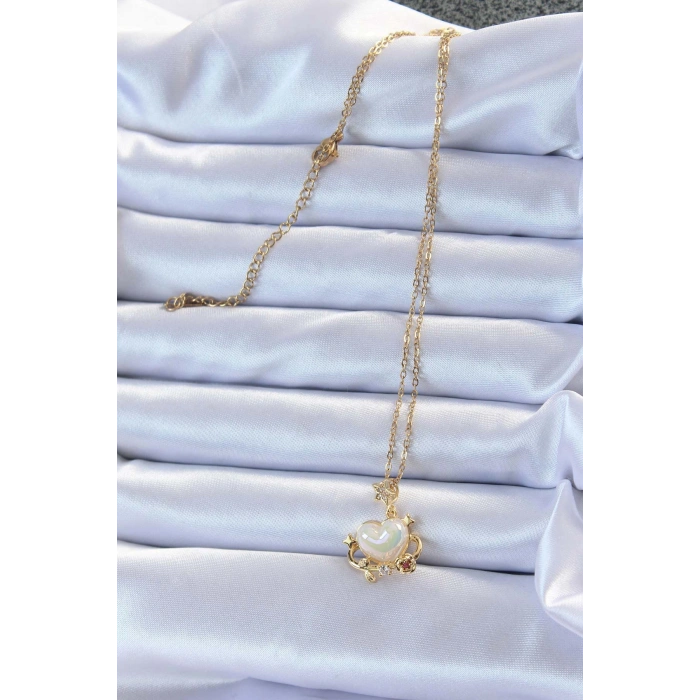 Erb 316L Çelik Zincir Altın Renk Zirkon Taşlı Gezegen Görünümlü Kalp Kolye