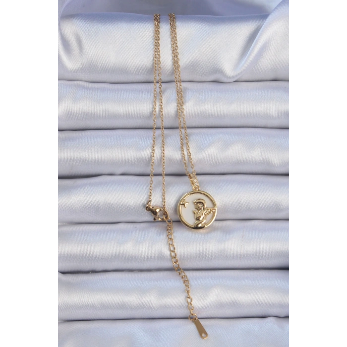 Erb 316L Çelik Zincir Altın Renk Zirkon Taşlı Mineli Melek Kolye