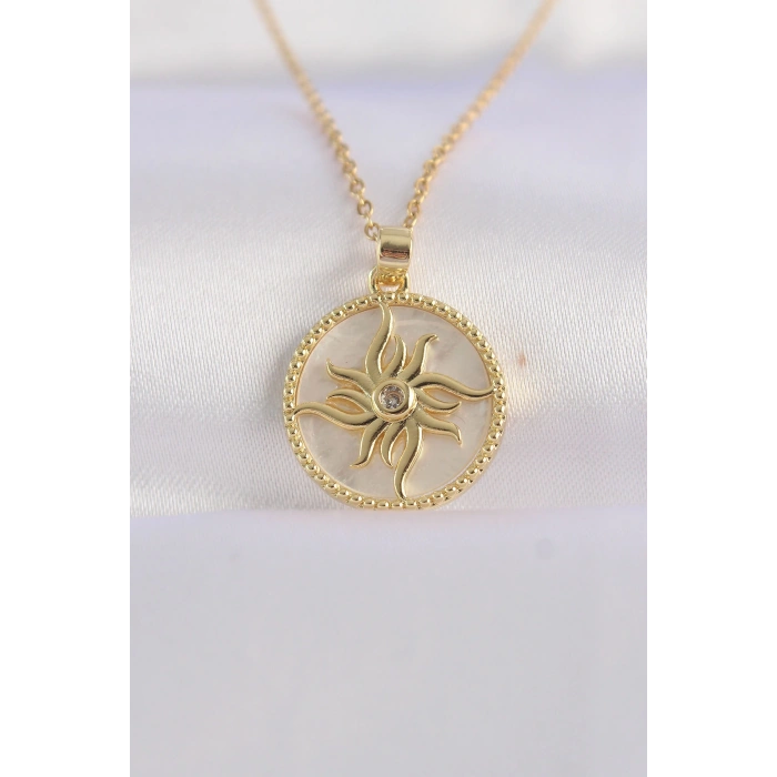 Erb 316L Çelik Zincir Altın Renk Zirkon Taşlı Oval Tasarım Güneş Kolye