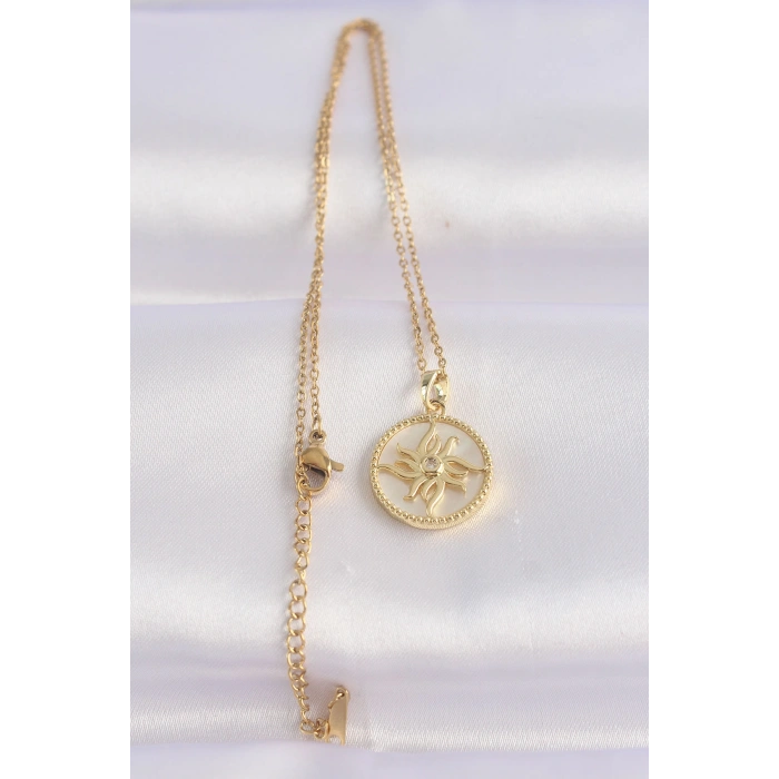 Erb 316L Çelik Zincir Altın Renk Zirkon Taşlı Oval Tasarım Güneş Kolye