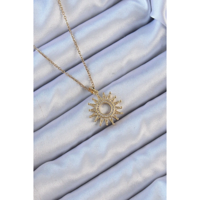 Erb 316L Çelik Zincir Altın Renk Zirkon Taşlı Parlayan Güneş Kolye