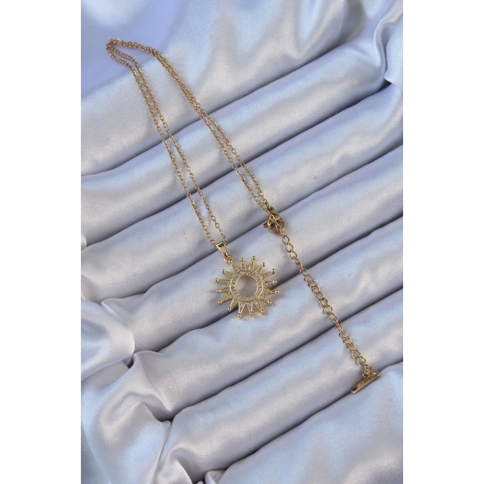 Erb 316L Çelik Zincir Altın Renk Zirkon Taşlı Parlayan Güneş Kolye