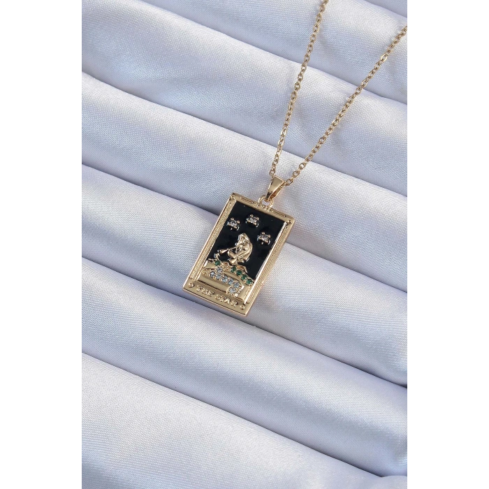 Erb 316L Çelik Zincir Altın Renk Zirkon Taşlı Siyah Mineli Kız Figürlü Tarot Kolye