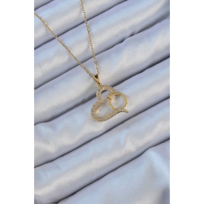 Erb 316L Çelik Zincir Altın Renk Zirkon Taşlı Yüzüklü Kalp Kolye