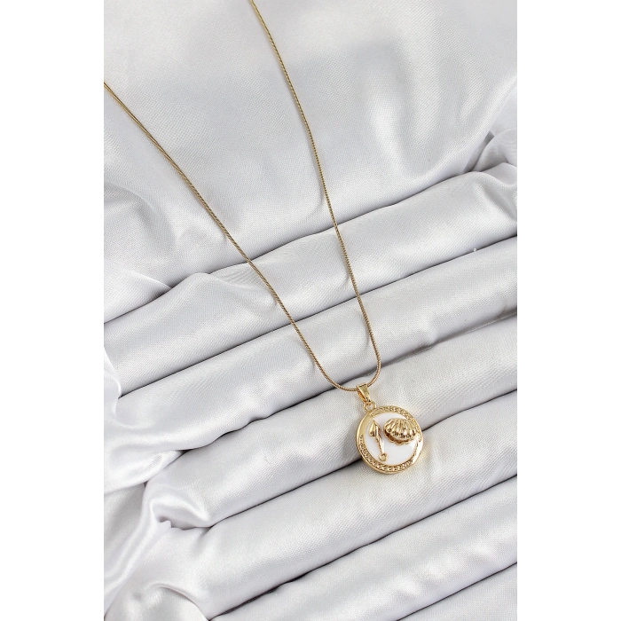 Erb 316L Çelik Zincir Beyaz Mineli Sanatsal Portre İstiridye Model Gold Renk Kadın Kolye