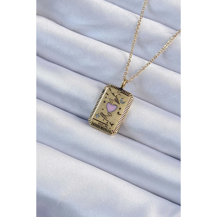 Erb 316L Çelik Zincir Eskitme Altın Renk Pembe Mineli Kalp Figürlü Tarot Kolye
