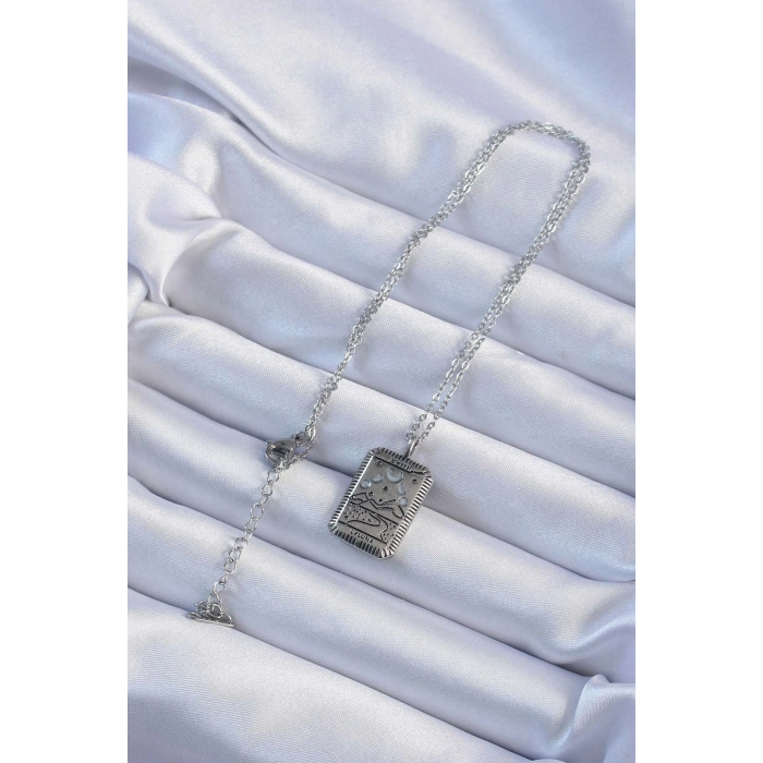 Erb 316L Çelik Zincir Eskitme Gümüş Renk Ay Figürlü Tarot Kolye