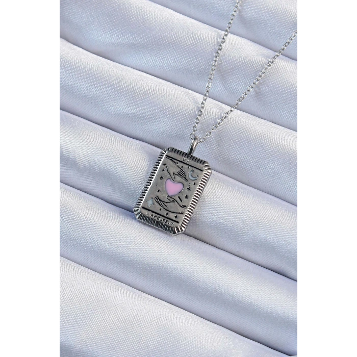 Erb 316L Çelik Zincir Eskitme Gümüş Renk Pembe Mineli Kalp Figürlü Tarot Kolye