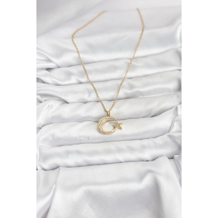 Erb 316L Çelik Zincir Gold Renk Ay Yıldız Model Zirkon Taşlı Kadın Kolye
