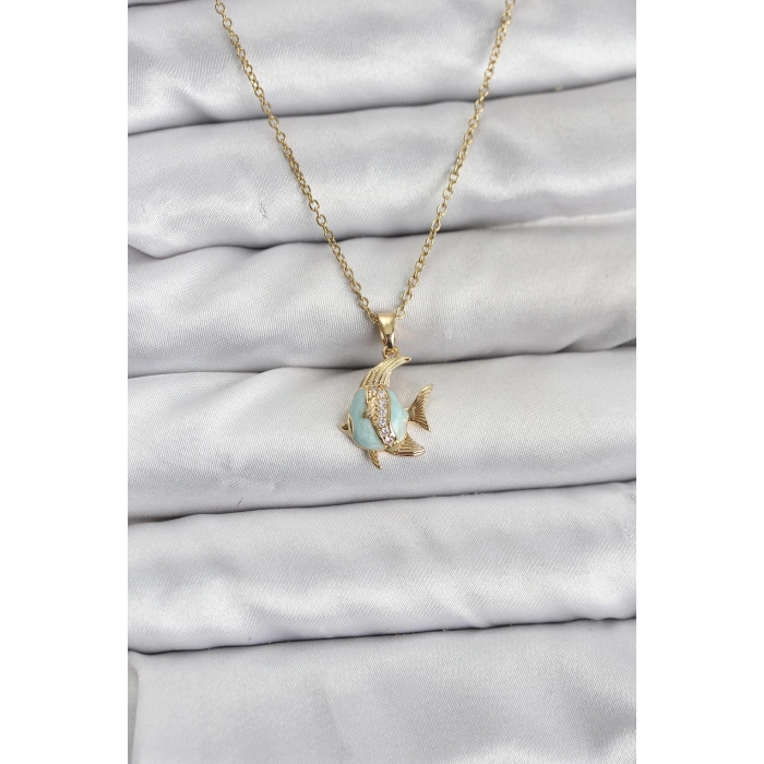 Erb 316L Çelik Zincir Gold Renk Balık Model Zirkon Taşlı Kadın Kolye