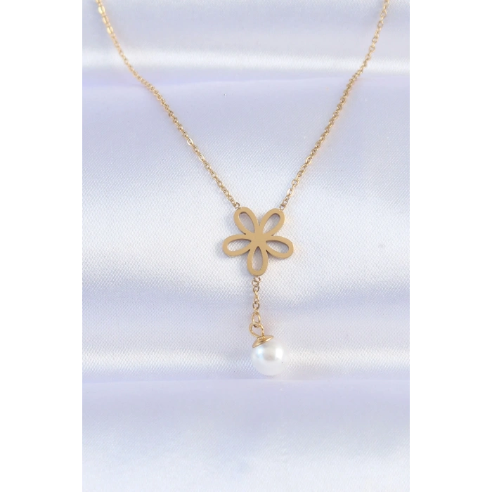Erb 316L Çelik Zincir Gold Renk İnci Detay Çiçek Kolye