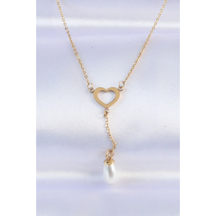 Erb 316L Çelik Zincir Gold Renk İnci Taş Detay Kalp Kolye