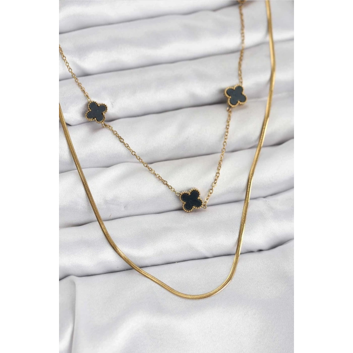 Erb 316L Çelik Zincir Gold Renk İtalyan Zincirli Siyah Yonca Model Kadın Kolye