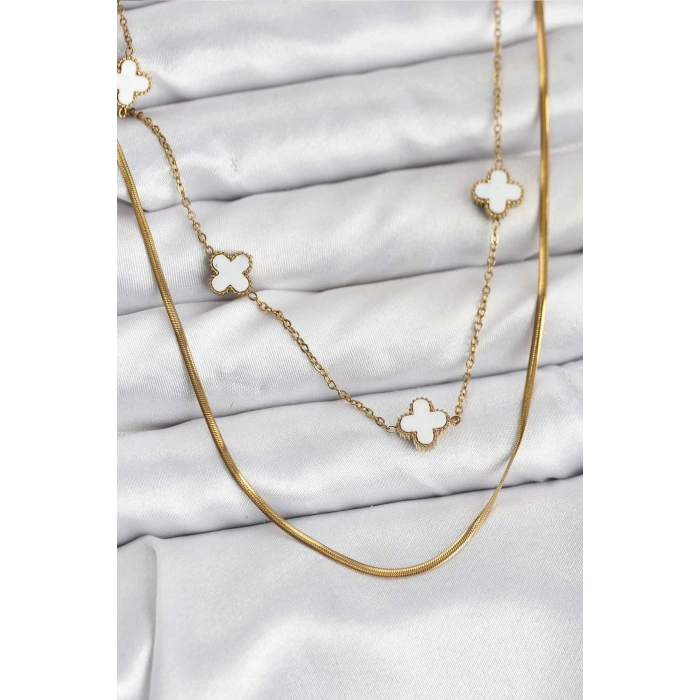 Erb 316L Çelik Zincir Gold Renk İtalyan Zincirli Yonca Model Kadın Kolye