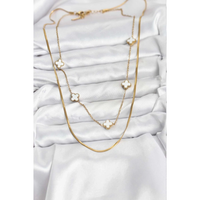 Erb 316L Çelik Zincir Gold Renk İtalyan Zincirli Yonca Model Kadın Kolye