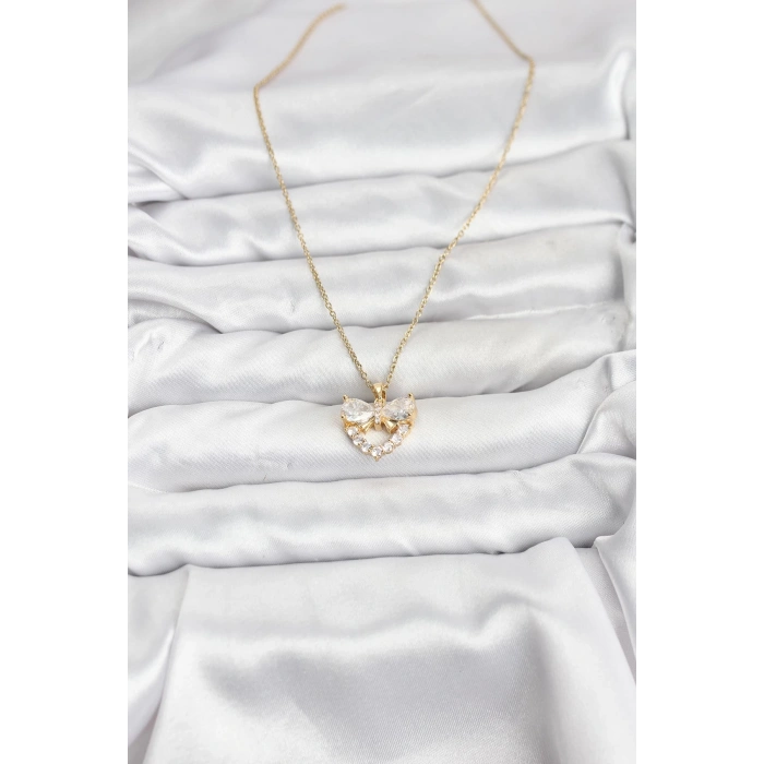 Erb 316L Çelik Zincir Gold Renk Kalp Ve Fiyonk Model Zirkon Taşlı Kadın Kolye