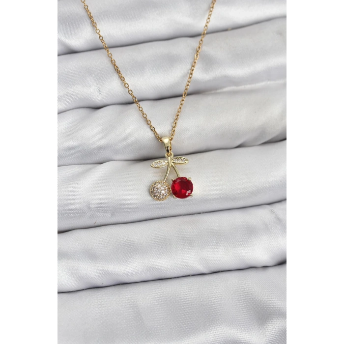 Erb 316L Çelik Zincir Gold Renk Kiraz Model Zirkon Taşlı Kadın Kolye