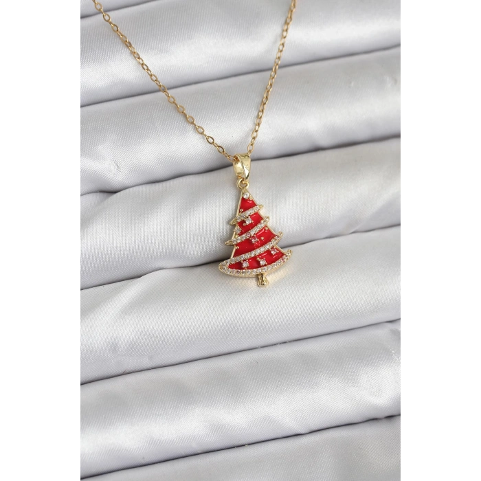 Erb 316L Çelik Zincir Gold Renk Kırmızı Çam Ağacı Model Yılbaşı Temalı Kadın Kolye