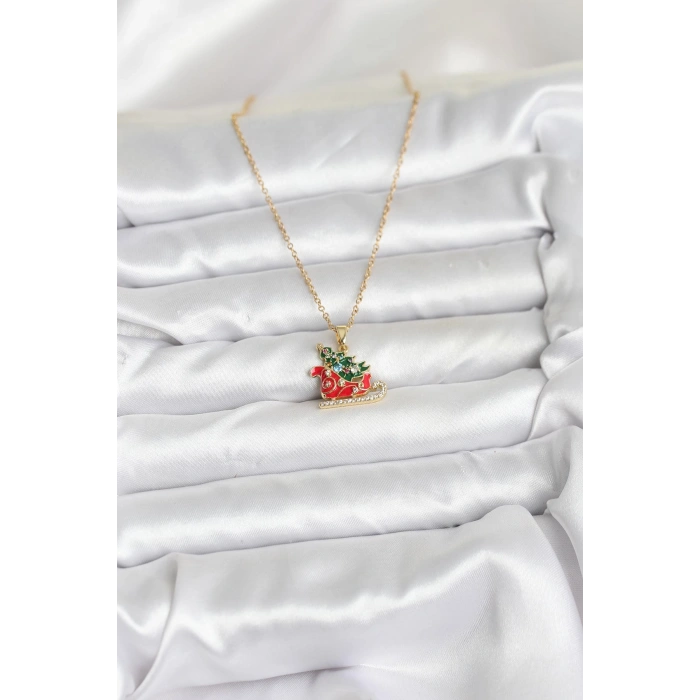 Erb 316L Çelik Zincir Gold Renk Kızak Ve Çam Ağacı Figürlü Yılbaşı Temalı Kadın Kolye