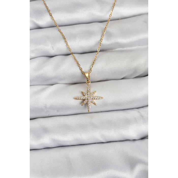 Erb 316L Çelik Zincir Gold Renk Kutup Yıldızı Model Zirkon Taşlı Kadın Kolye