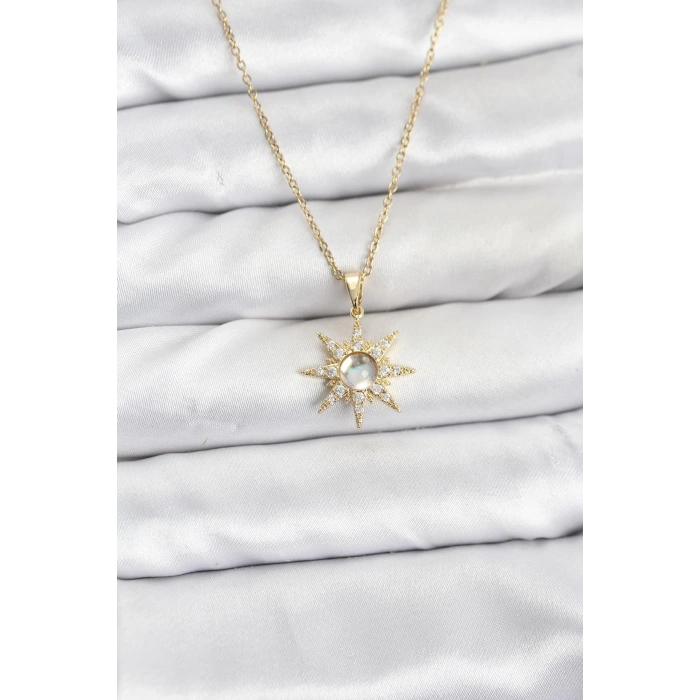 Erb 316L Çelik Zincir Gold Renk Kutup Yıldızı Model Zirkon Taşlı Kadın Kolye