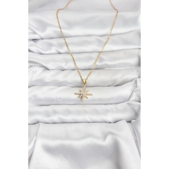 Erb 316L Çelik Zincir Gold Renk Kutup Yıldızı Model Zirkon Taşlı Kadın Kolye