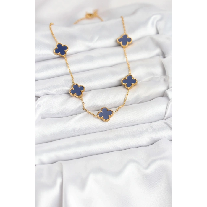 Erb 316L Çelik Zincir Gold Renk Lacivert Yonca Kadın Kolye